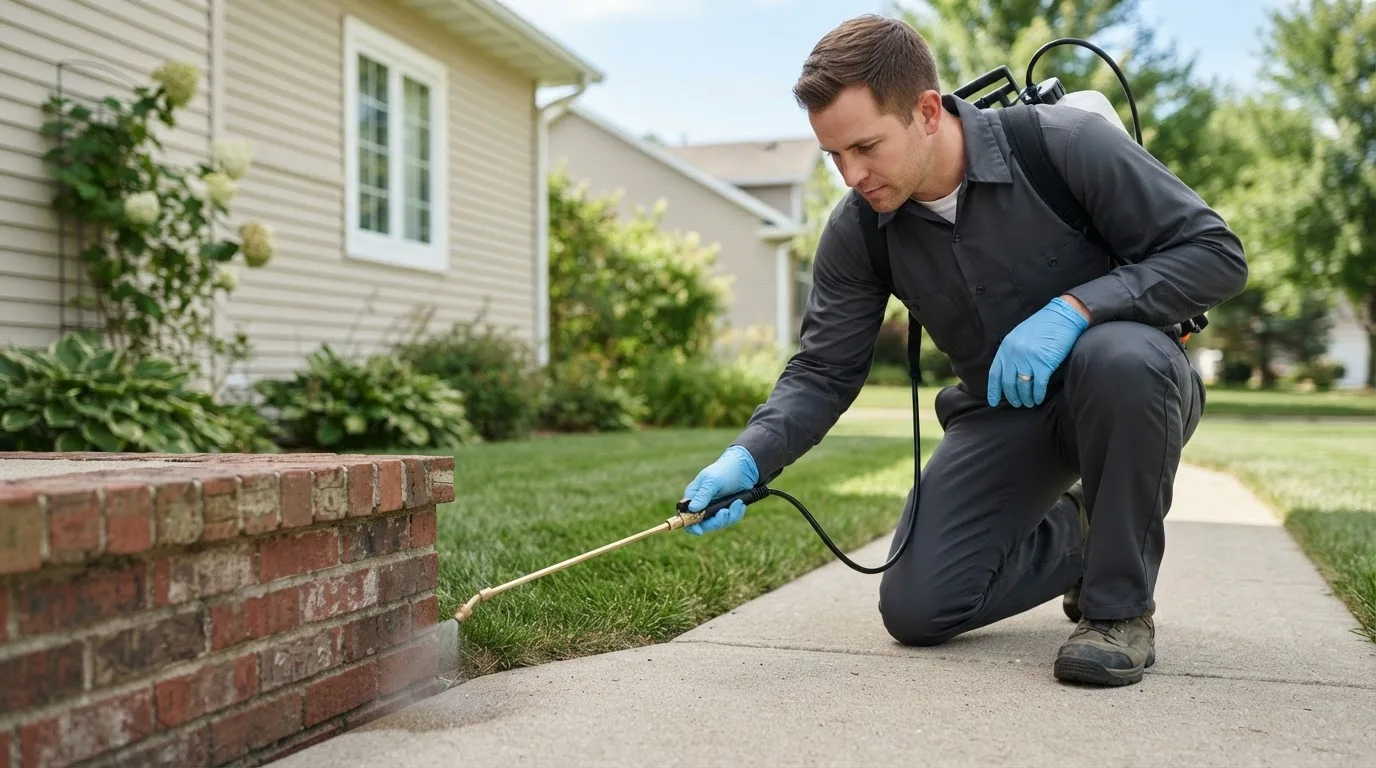 Pest control technician treating a home near Union City, PA
