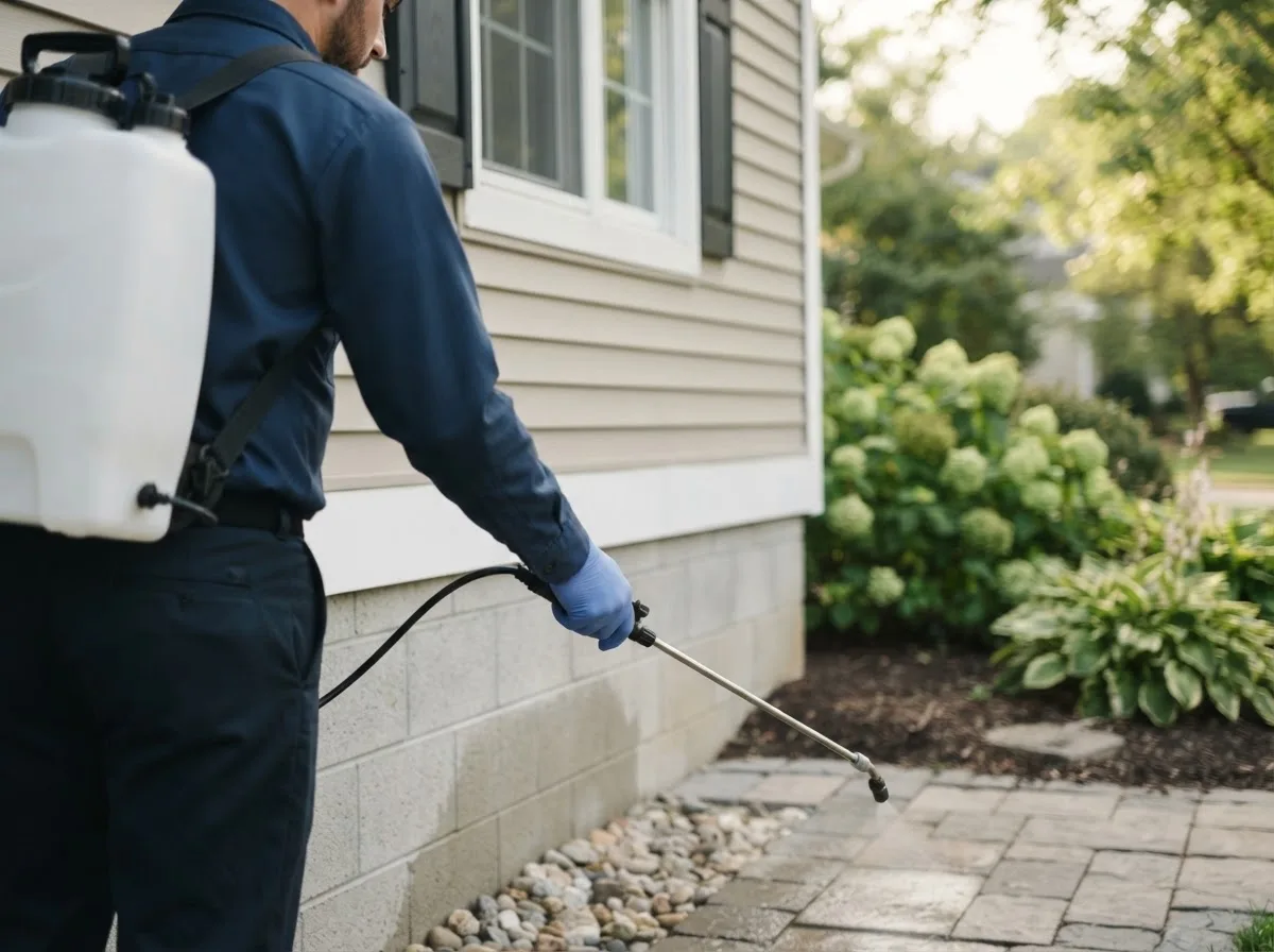Pest control technician inspecting a home in Union City, PA